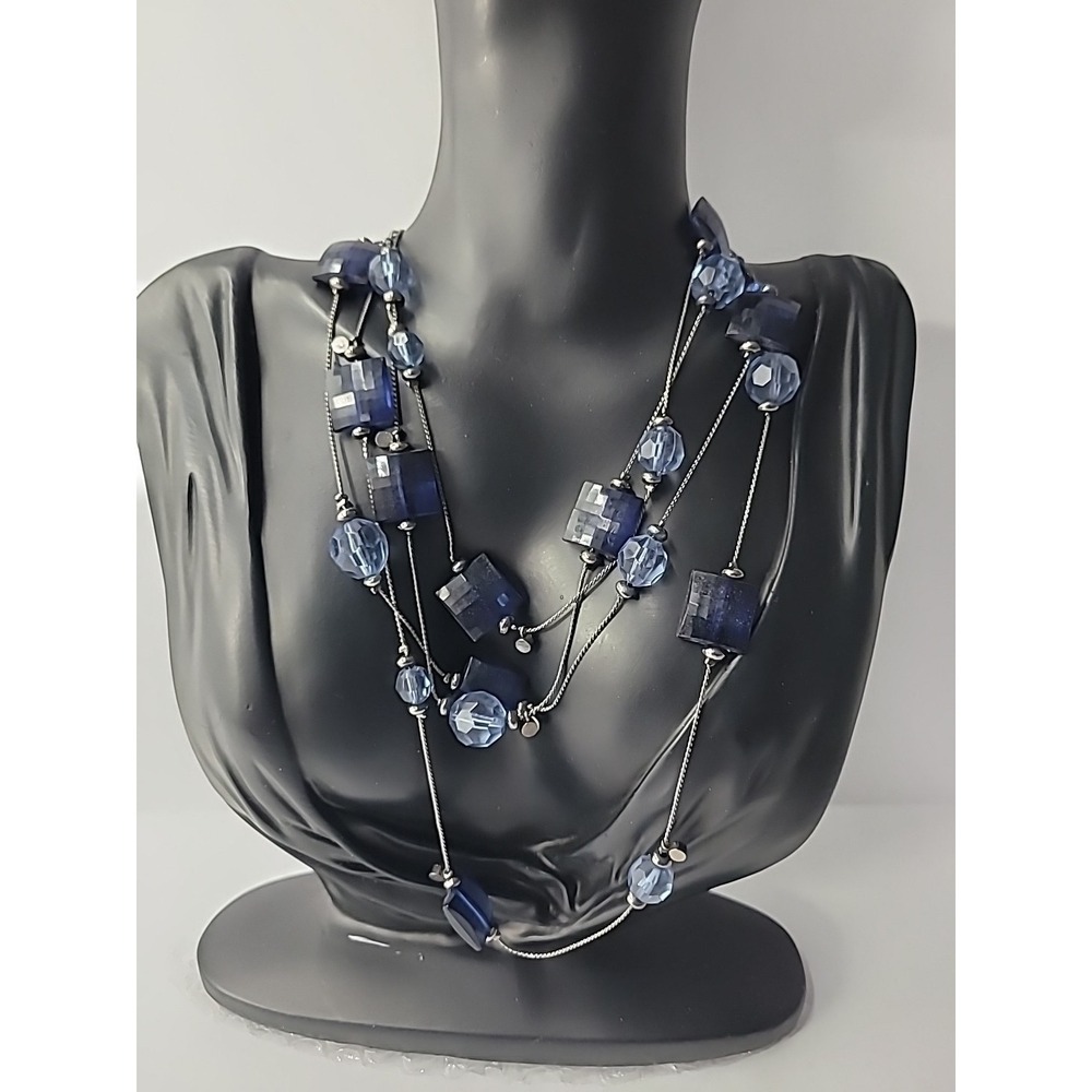 Vintage Blue Faceted Bead Flapper Opera Necklace Silver Tone Cube Jewelry